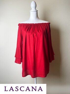 LASCANA Vibrant Red Off-The-Shoulder Ruffle Bell Sleeve Tunic Top | Size 6 | NWT